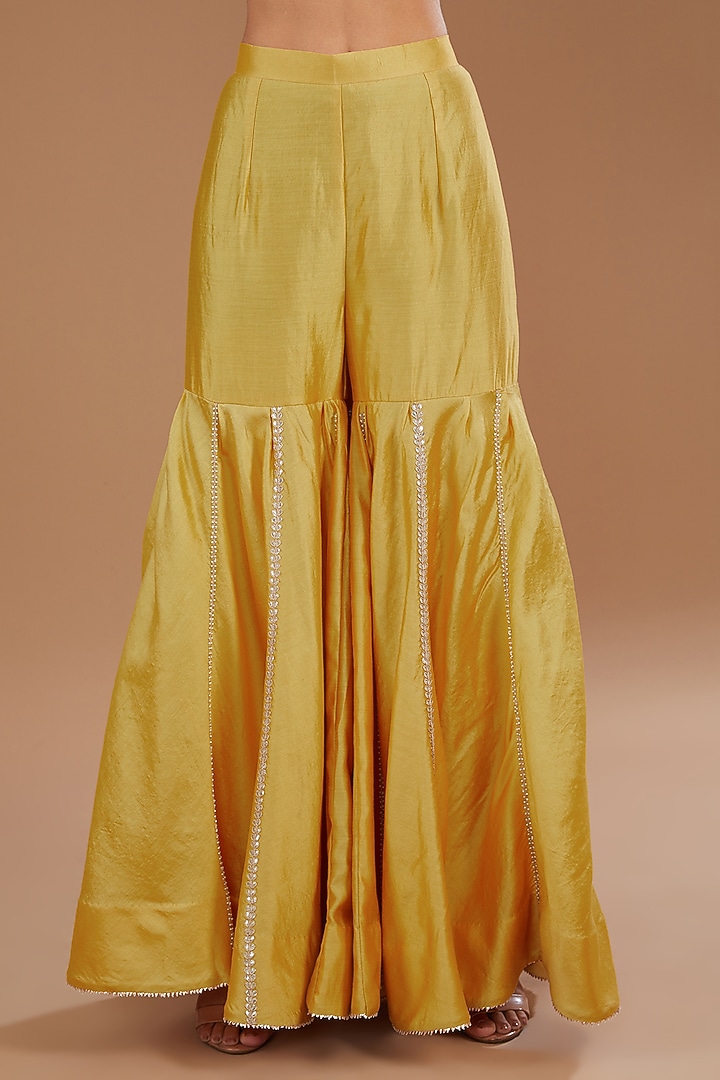 Yellow Pure Spun Silk Gota Patti Embroidered Wedding Sharara Set by SURBHI SHAH at Pernia's Pop Up Shop