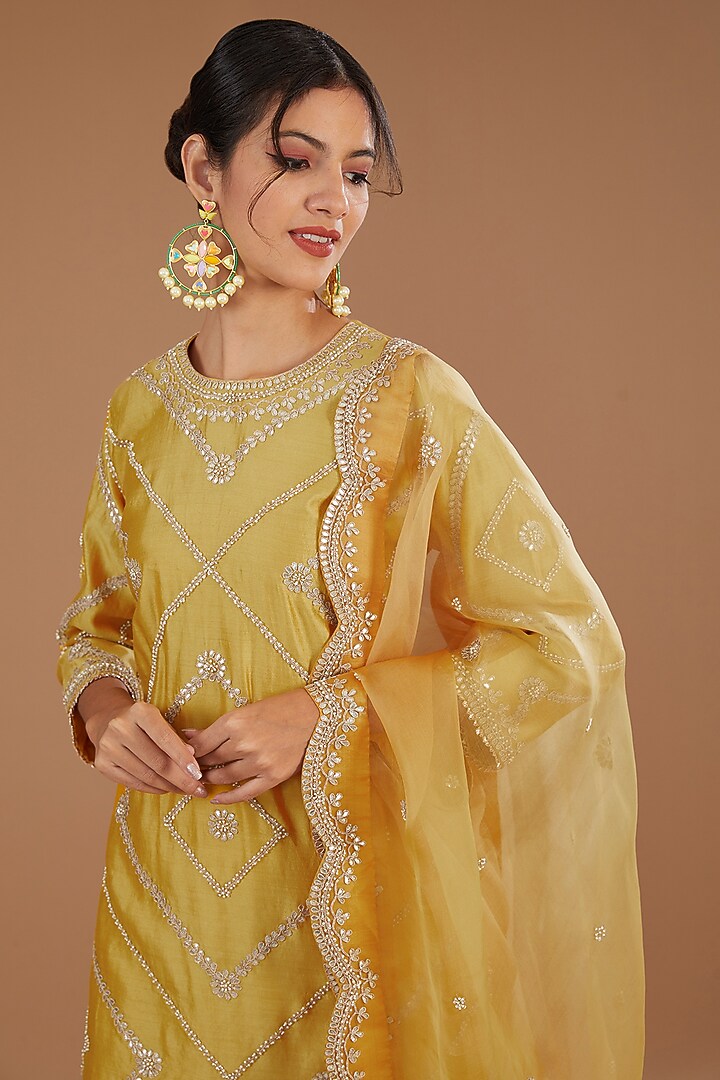 Yellow Pure Spun Silk Gota Patti Embroidered Wedding Sharara Set by SURBHI SHAH at Pernia's Pop Up Shop