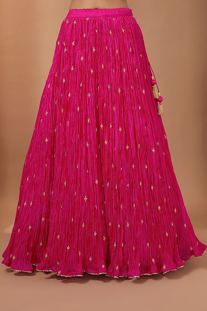 Pink Spun Silk Crushed Wedding Lehenga Set by SURBHI SHAH at Pernia's Pop Up Shop