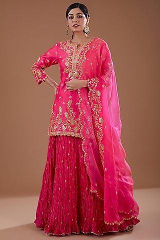 Red Pure Spun Silk Gota & Marori Kurta Set by SURBHI SHAH