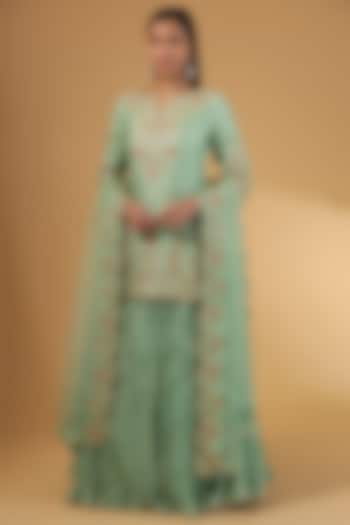 Mint Green Kora Silk Gota Work Crushed Wedding Lehenga Set by SURBHI SHAH at Pernia's Pop Up Shop