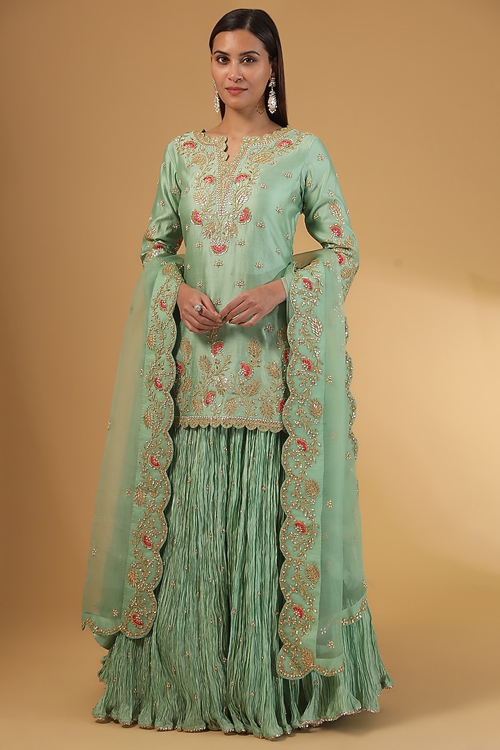 Mint Green Kora Silk Gota Work Crushed Wedding Lehenga Set by SURBHI SHAH at Pernia's Pop Up Shop