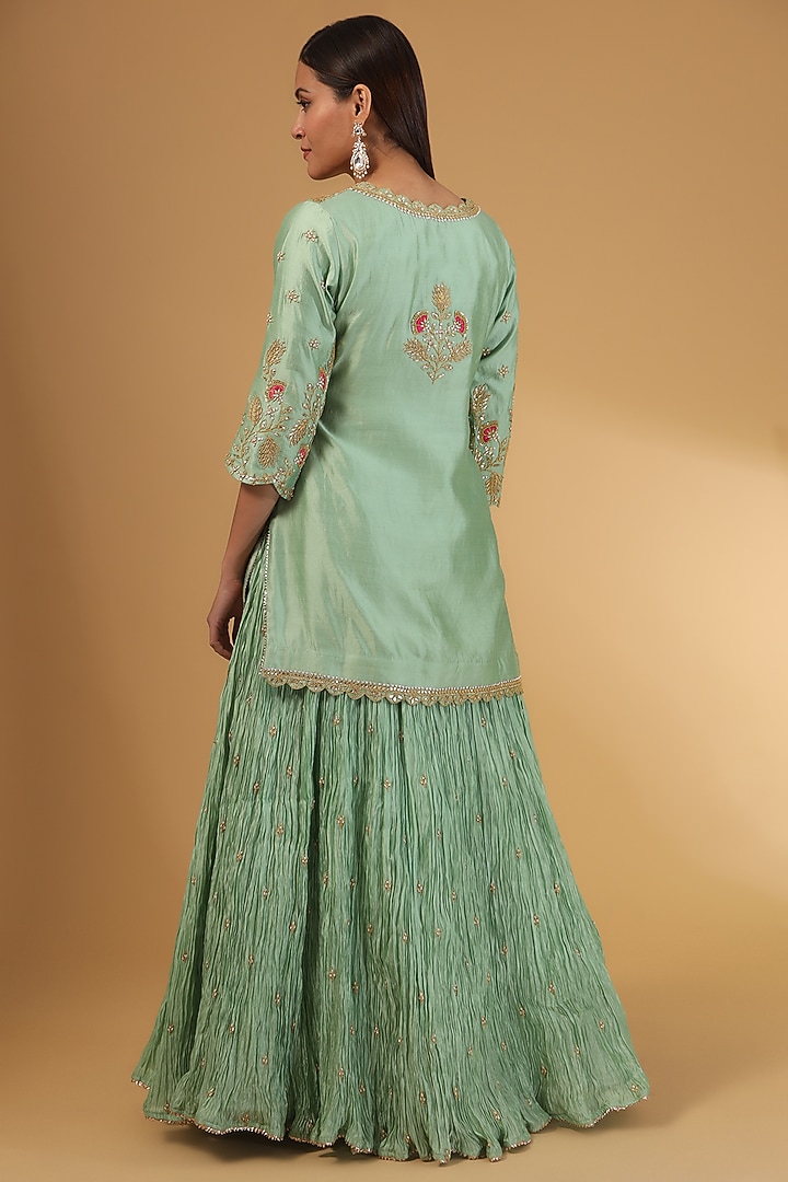 Mint Green Kora Silk Gota Work Crushed Wedding Lehenga Set by SURBHI SHAH at Pernia's Pop Up Shop