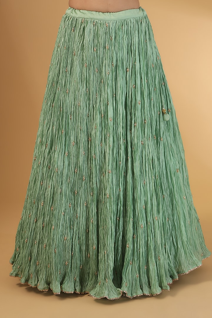Mint Green Kora Silk Gota Work Crushed Wedding Lehenga Set by SURBHI SHAH at Pernia's Pop Up Shop