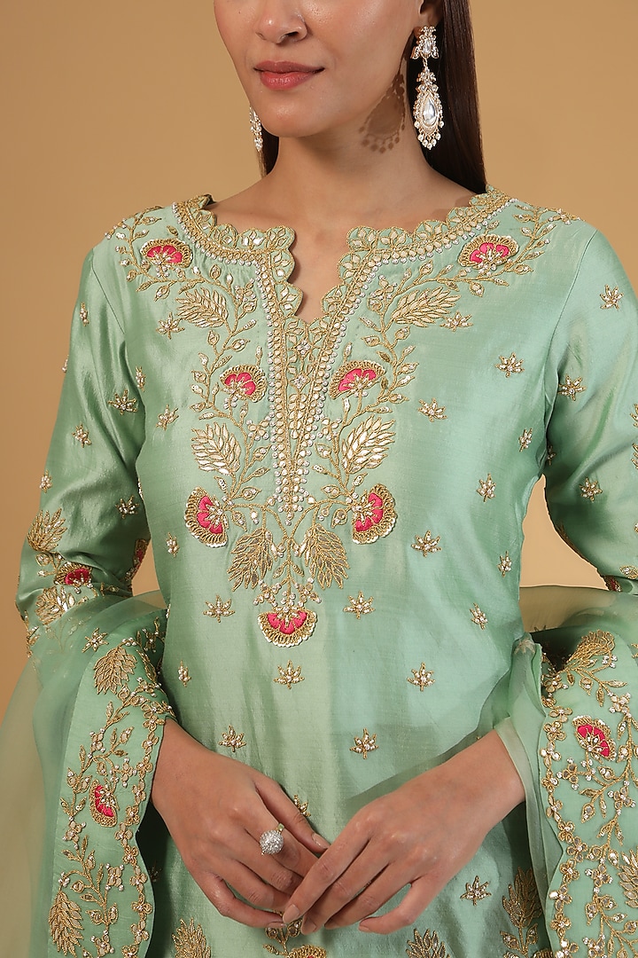 Mint Green Kora Silk Gota Work Crushed Wedding Lehenga Set by SURBHI SHAH at Pernia's Pop Up Shop