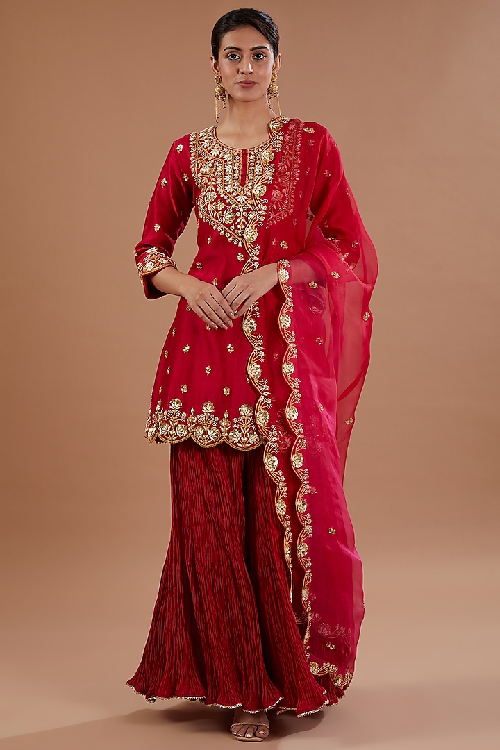 Red Crush Pure Chanderi Wedding Sharara Set by SURBHI SHAH at Pernia's Pop Up Shop