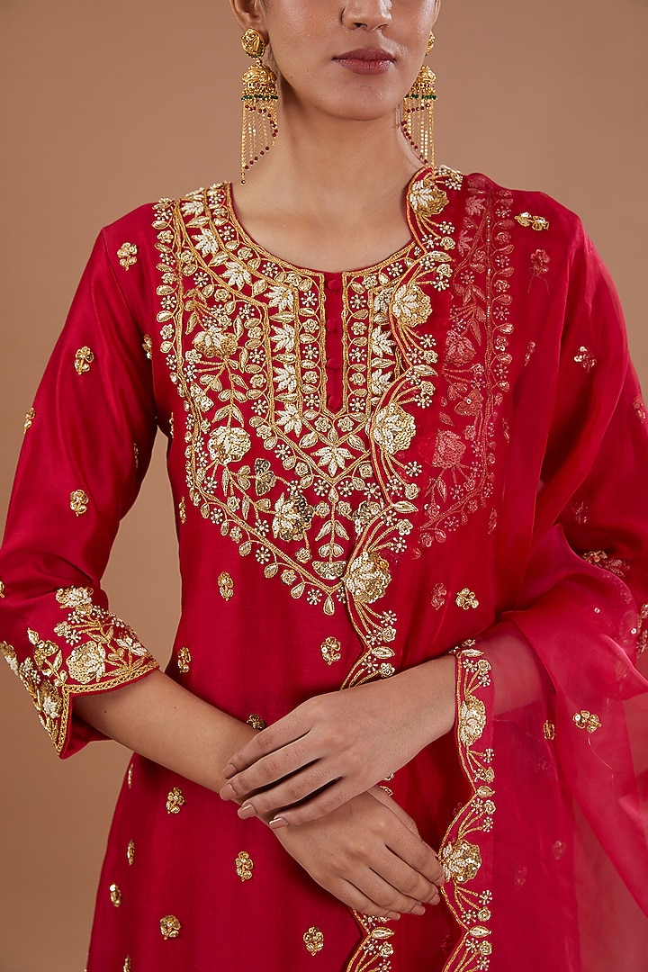 Red Crush Pure Chanderi Wedding Sharara Set by SURBHI SHAH at Pernia's Pop Up Shop