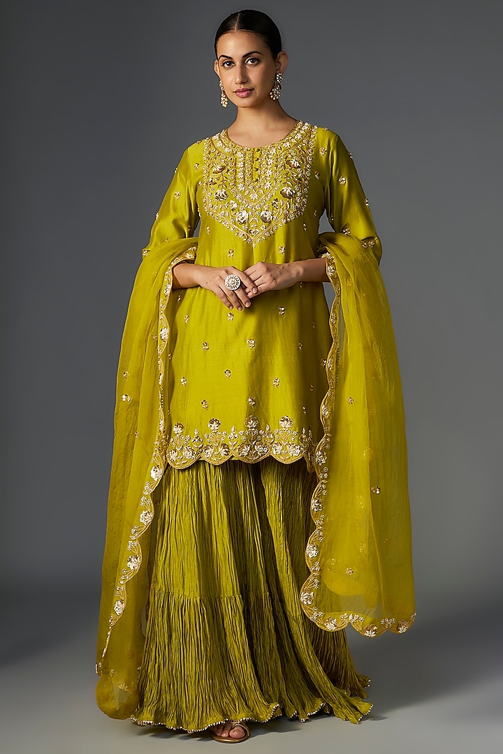 Lime Pure Chanderi Marori Embroidered Crushed Wedding Sharara Set by SURBHI SHAH at Pernia's Pop Up Shop