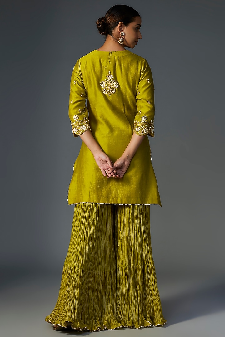 Lime Pure Chanderi Marori Embroidered Crushed Wedding Sharara Set by SURBHI SHAH at Pernia's Pop Up Shop