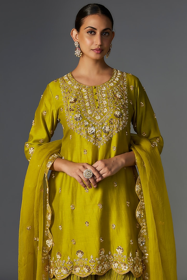 Lime Pure Chanderi Marori Embroidered Crushed Wedding Sharara Set by SURBHI SHAH at Pernia's Pop Up Shop