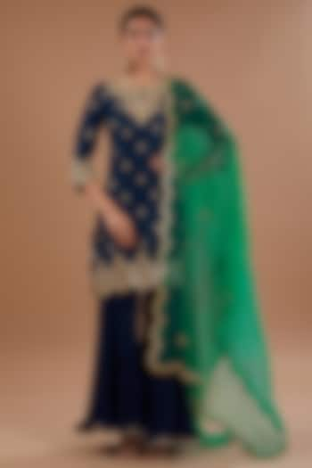 Navy Blue Pure Chanderi Sharara Set by SURBHI SHAH at Pernia's Pop Up Shop