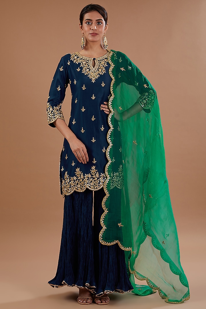 Navy Blue Pure Chanderi Sharara Set by SURBHI SHAH at Pernia's Pop Up Shop