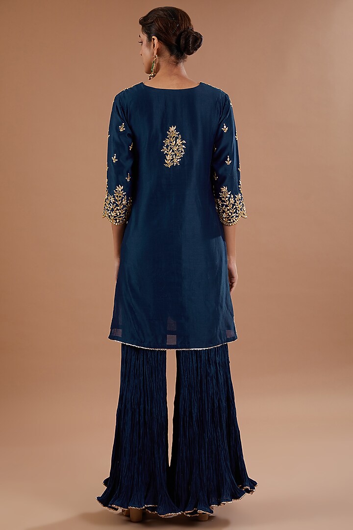 Navy Blue Pure Chanderi Wedding Sharara Set by SURBHI SHAH at Pernia's Pop Up Shop