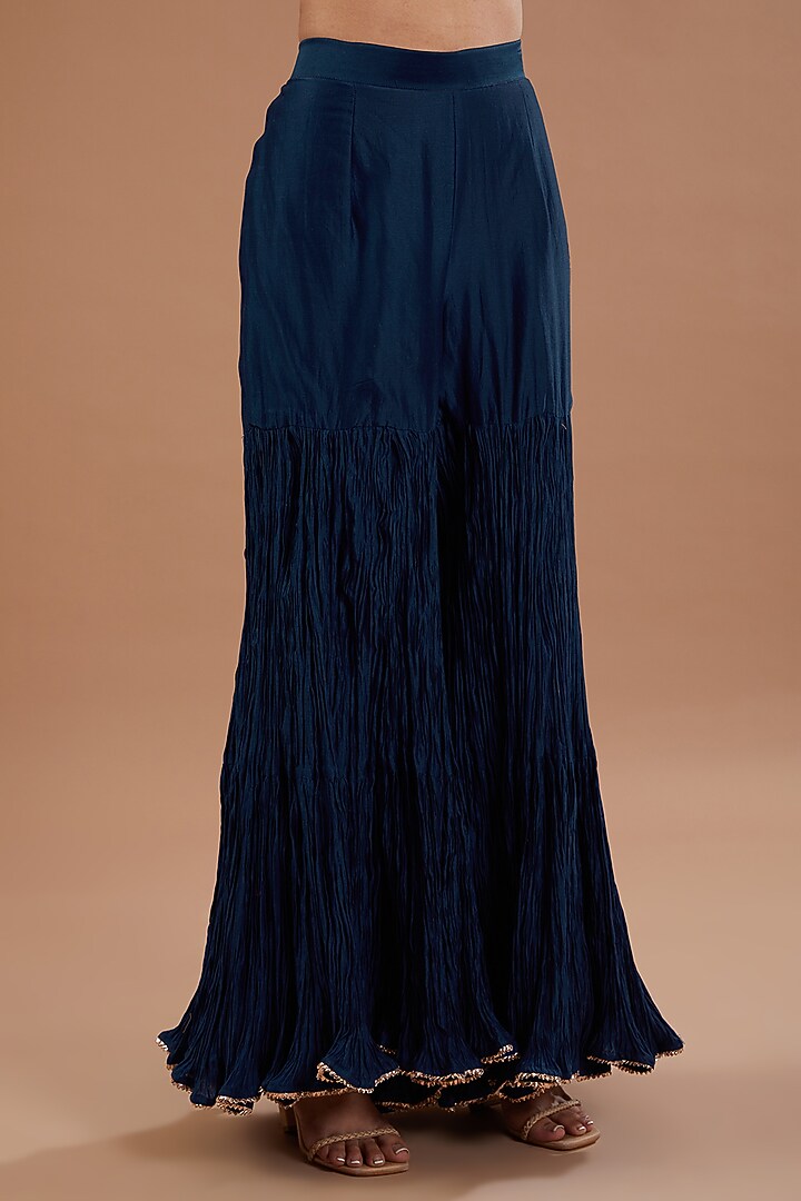Navy Blue Pure Chanderi Wedding Sharara Set by SURBHI SHAH at Pernia's Pop Up Shop