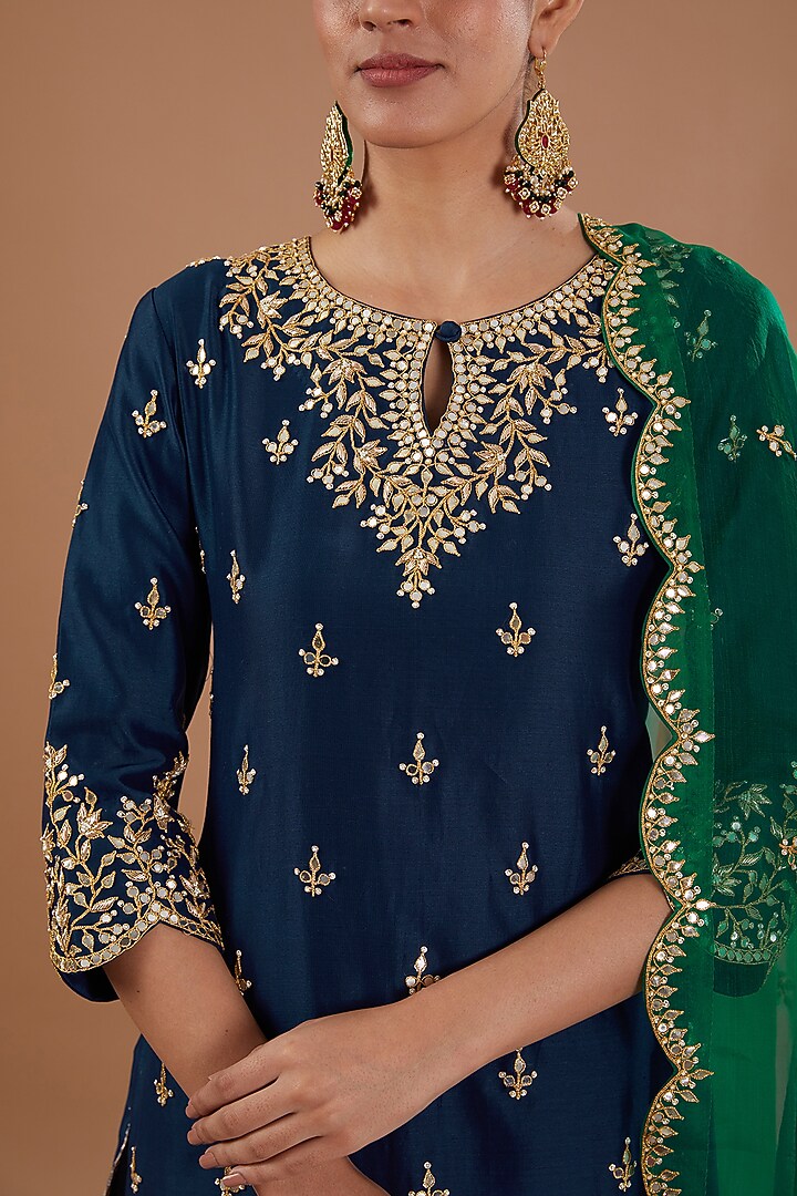 Navy Blue Pure Chanderi Wedding Sharara Set by SURBHI SHAH at Pernia's Pop Up Shop