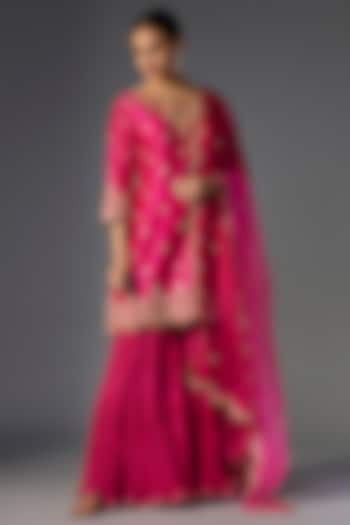 Hot Pink Pure Chanderi Marori Embroidered Crushed Wedding Sharara Set by SURBHI SHAH at Pernia's Pop Up Shop