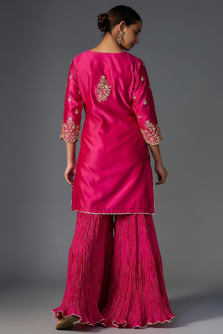 Hot Pink Pure Chanderi Marori Embroidered Crushed Wedding Sharara Set by SURBHI SHAH at Pernia's Pop Up Shop