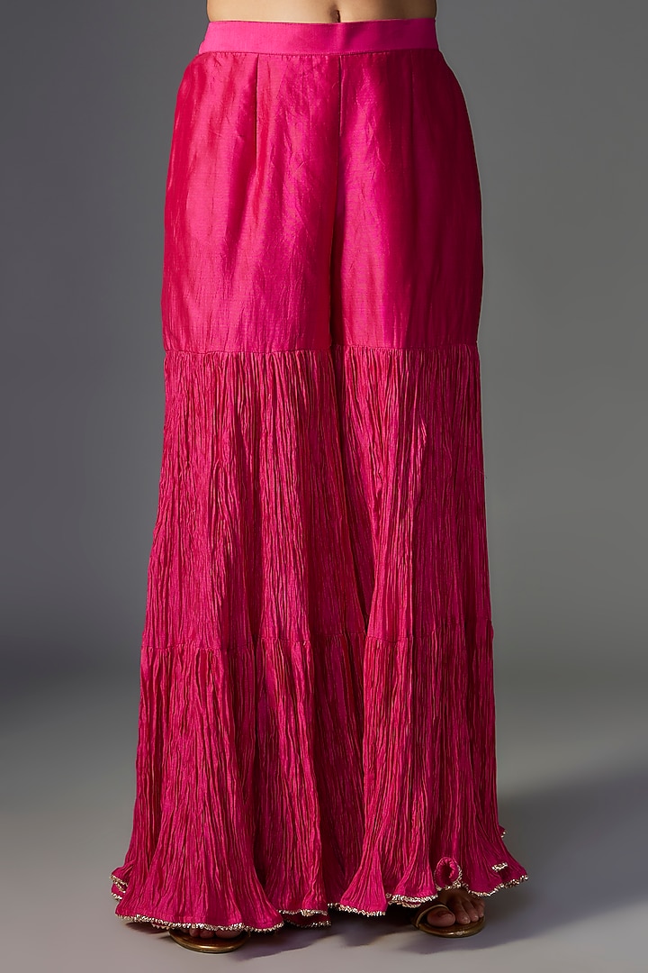 Hot Pink Pure Chanderi Marori Embroidered Crushed Wedding Sharara Set by SURBHI SHAH at Pernia's Pop Up Shop