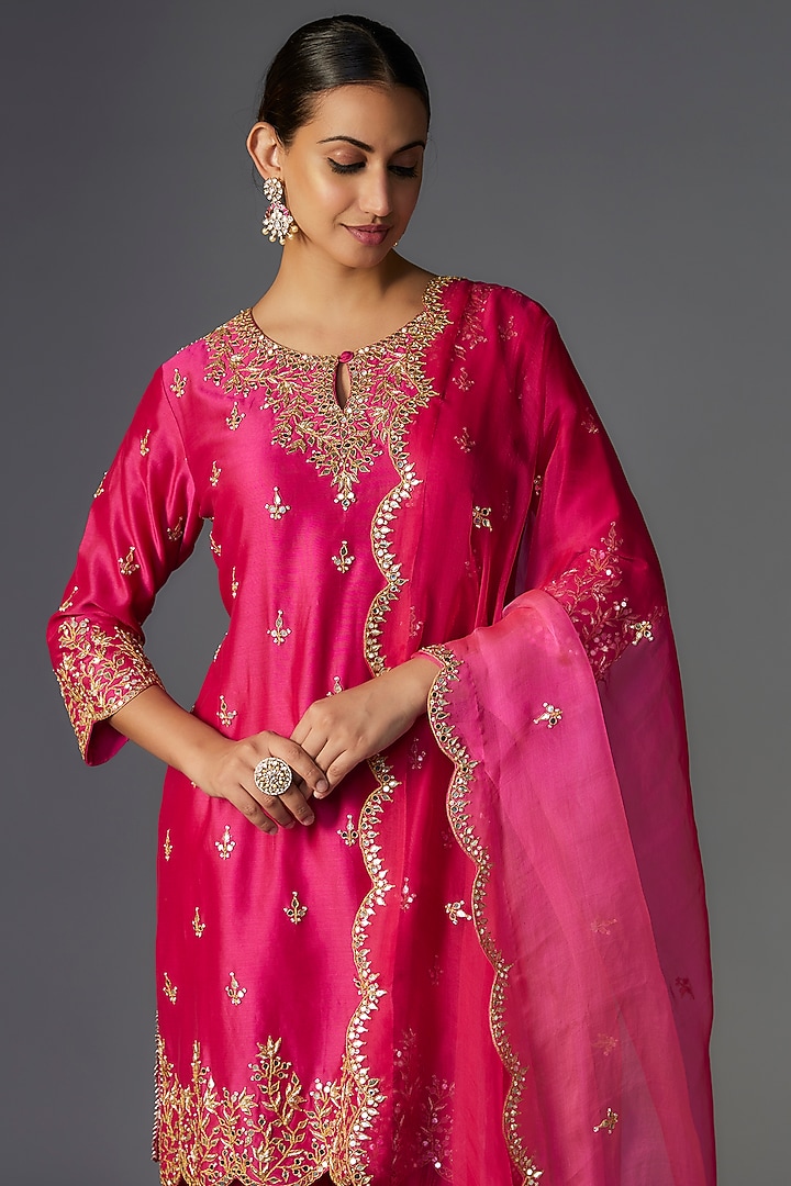 Hot Pink Pure Chanderi Marori Embroidered Crushed Wedding Sharara Set by SURBHI SHAH at Pernia's Pop Up Shop