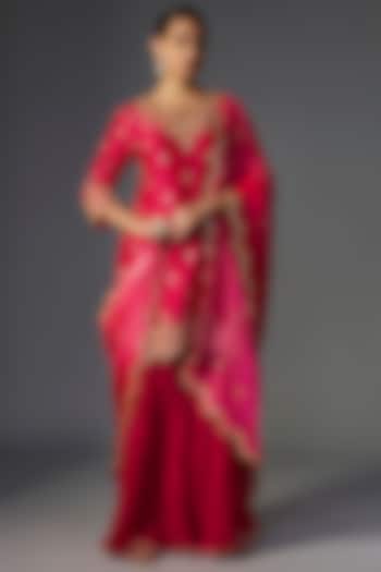 Rani Pink Pure Chanderi Marori Embroidered Crushed Wedding Sharara Set by SURBHI SHAH at Pernia's Pop Up Shop