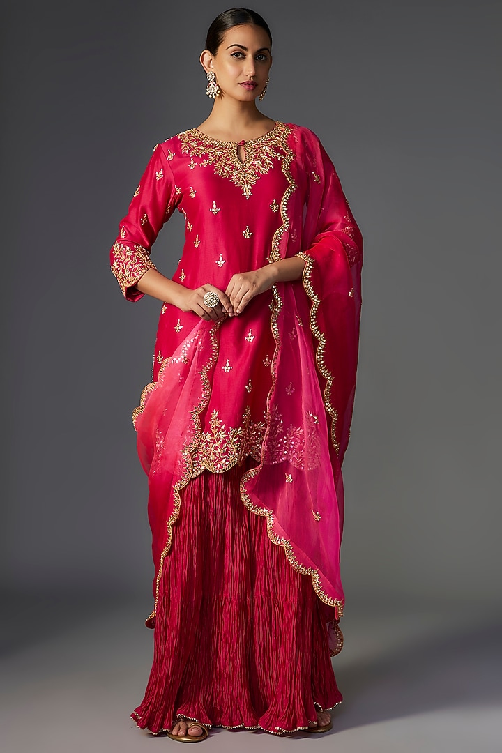 Rani Pink Pure Chanderi Marori Embroidered Crushed Wedding Sharara Set by SURBHI SHAH at Pernia's Pop Up Shop