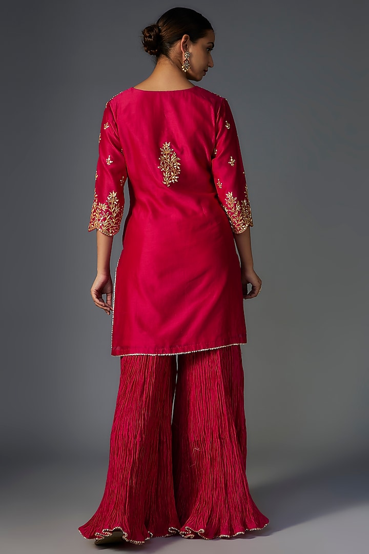 Rani Pink Pure Chanderi Marori Embroidered Crushed Wedding Sharara Set by SURBHI SHAH at Pernia's Pop Up Shop