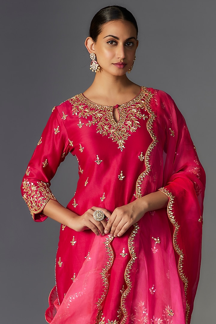 Rani Pink Pure Chanderi Marori Embroidered Crushed Wedding Sharara Set by SURBHI SHAH at Pernia's Pop Up Shop
