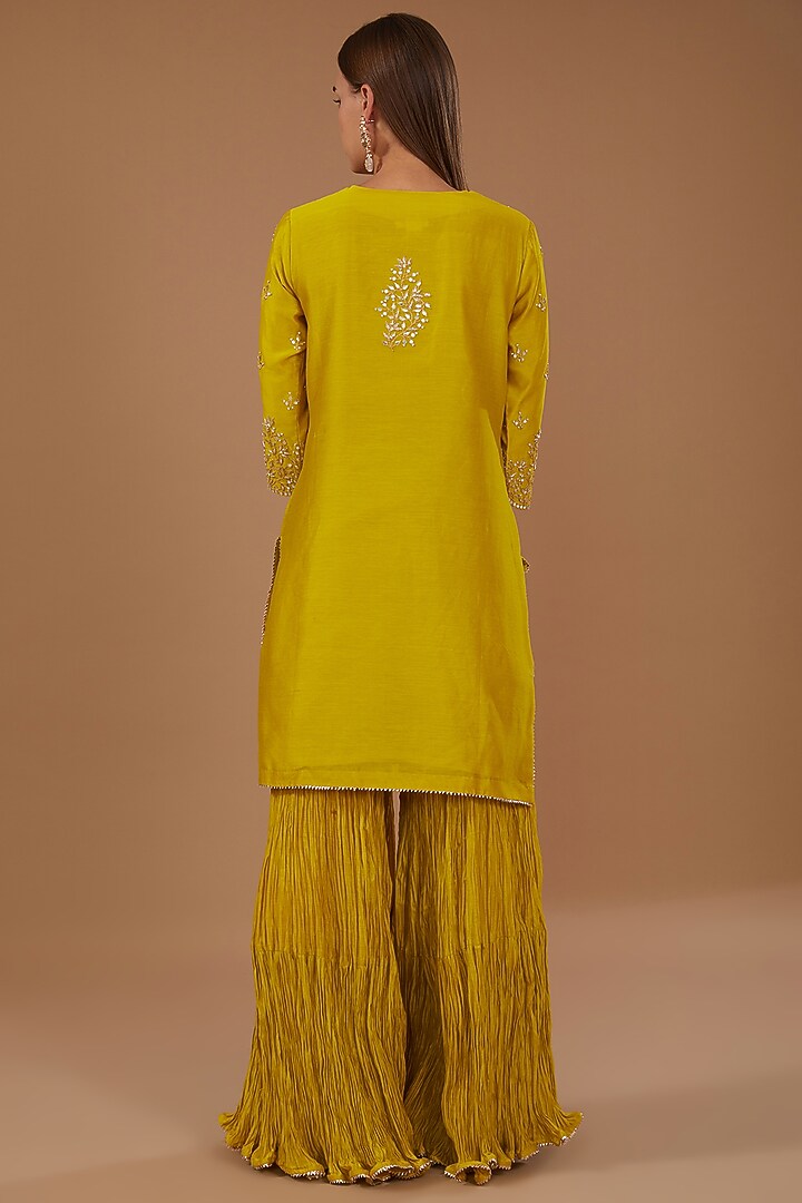 Lime Pure Chanderi Crushed Wedding Sharara Set by SURBHI SHAH at Pernia's Pop Up Shop