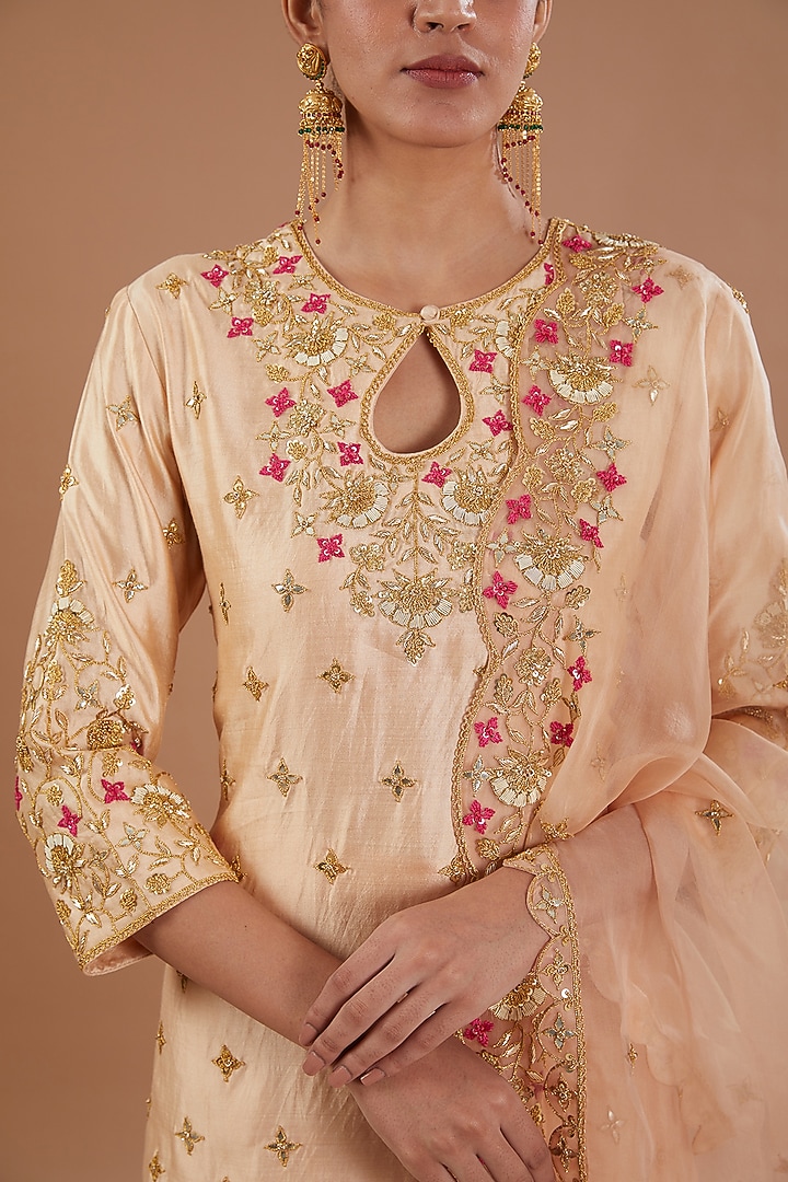 Beige Pure Spun Silk Resham Embroidered Wedding Sharara Set by SURBHI SHAH at Pernia's Pop Up Shop