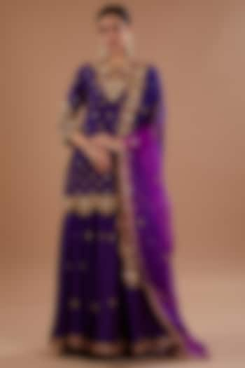 Purple Pure Spun Silk Resham Embroidered Sharara Set by SURBHI SHAH at Pernia's Pop Up Shop