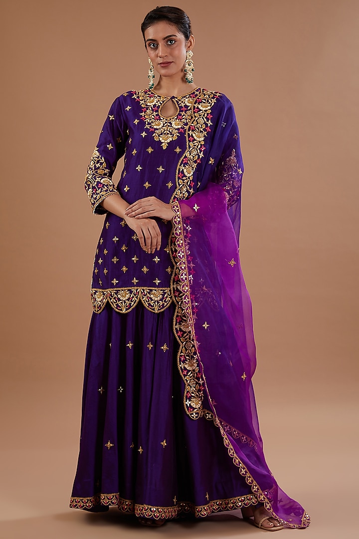 Purple Pure Spun Silk Resham Embroidered Sharara Set by SURBHI SHAH at Pernia's Pop Up Shop