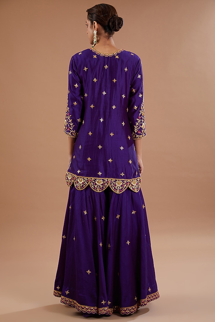 Purple Pure Spun Silk Resham Embroidered Wedding Sharara Set by SURBHI SHAH at Pernia's Pop Up Shop