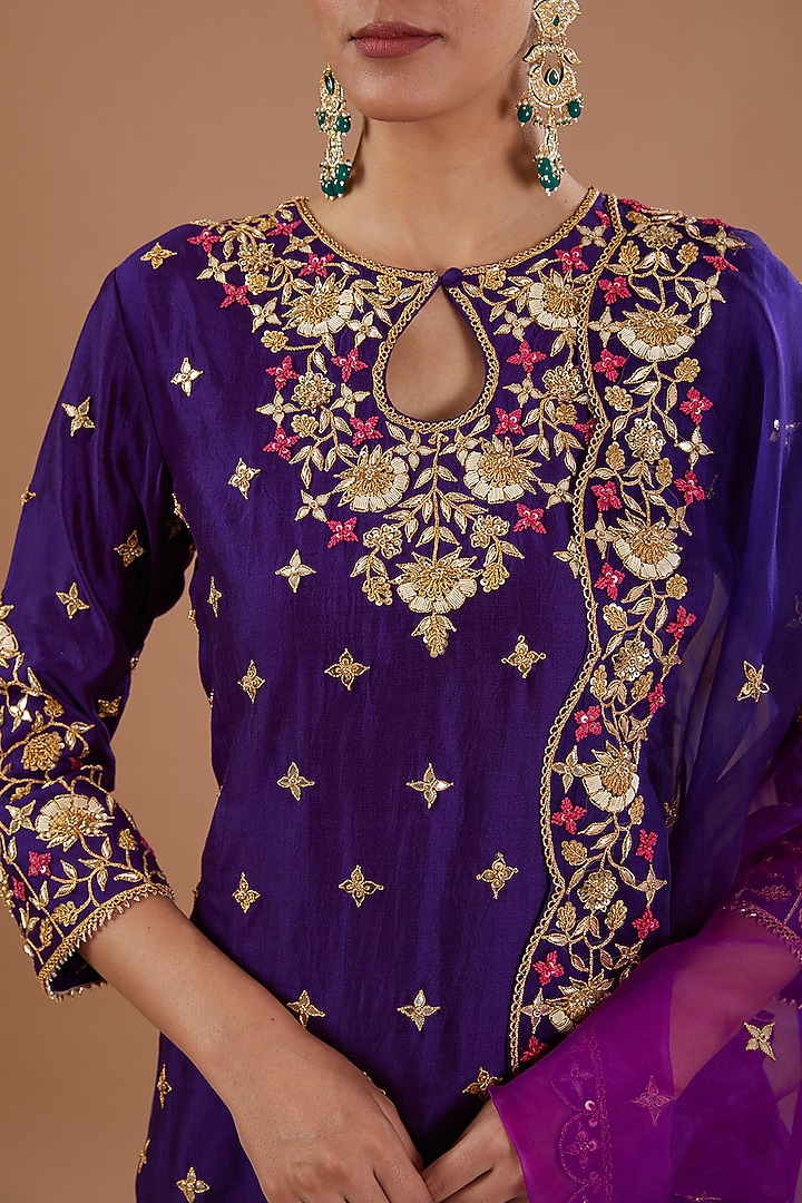 Purple Pure Spun Silk Resham Embroidered Wedding Sharara Set by SURBHI SHAH at Pernia's Pop Up Shop