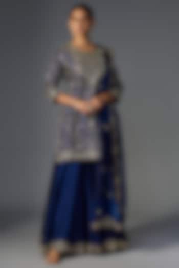 Navy Blue Pure Spun Silk Wedding Sharara Set by SURBHI SHAH at Pernia's Pop Up Shop