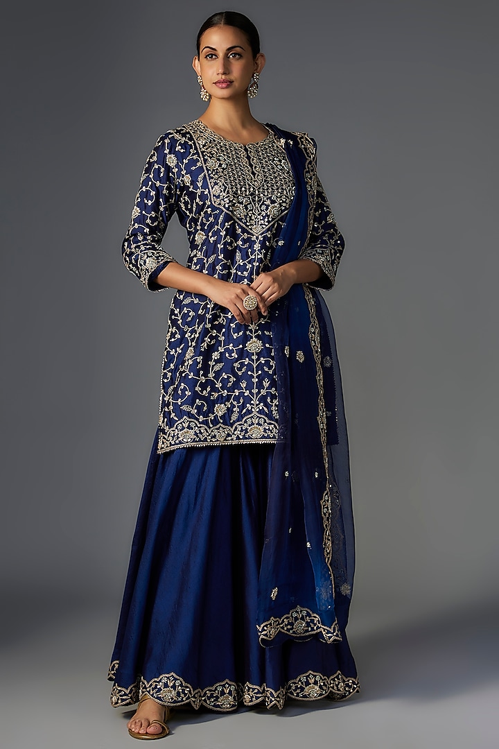 Navy Blue Pure Spun Silk Wedding Sharara Set by SURBHI SHAH at Pernia's Pop Up Shop