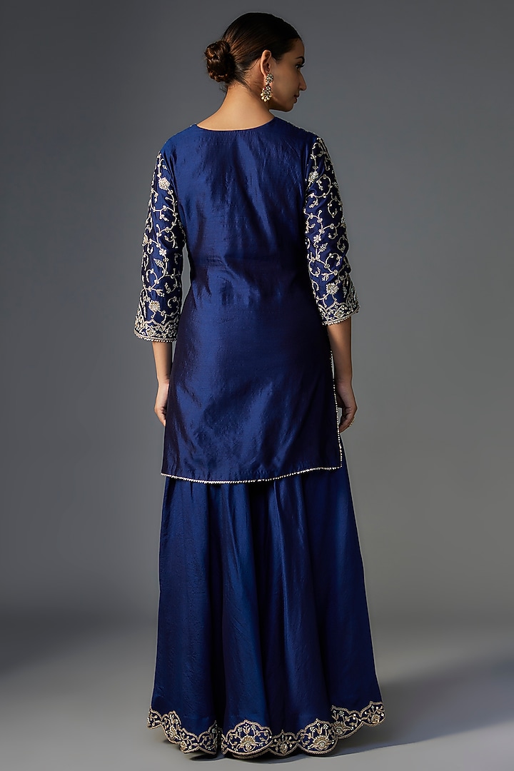 Navy Blue Pure Spun Silk Wedding Sharara Set by SURBHI SHAH at Pernia's Pop Up Shop