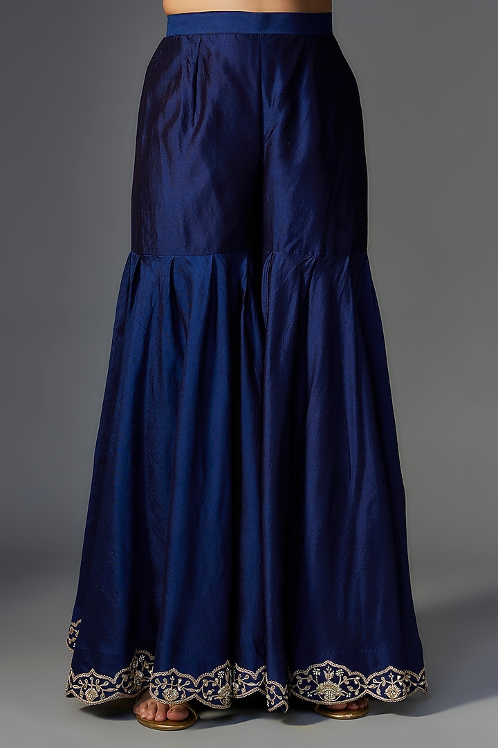 Navy Blue Pure Spun Silk Wedding Sharara Set by SURBHI SHAH at Pernia's Pop Up Shop