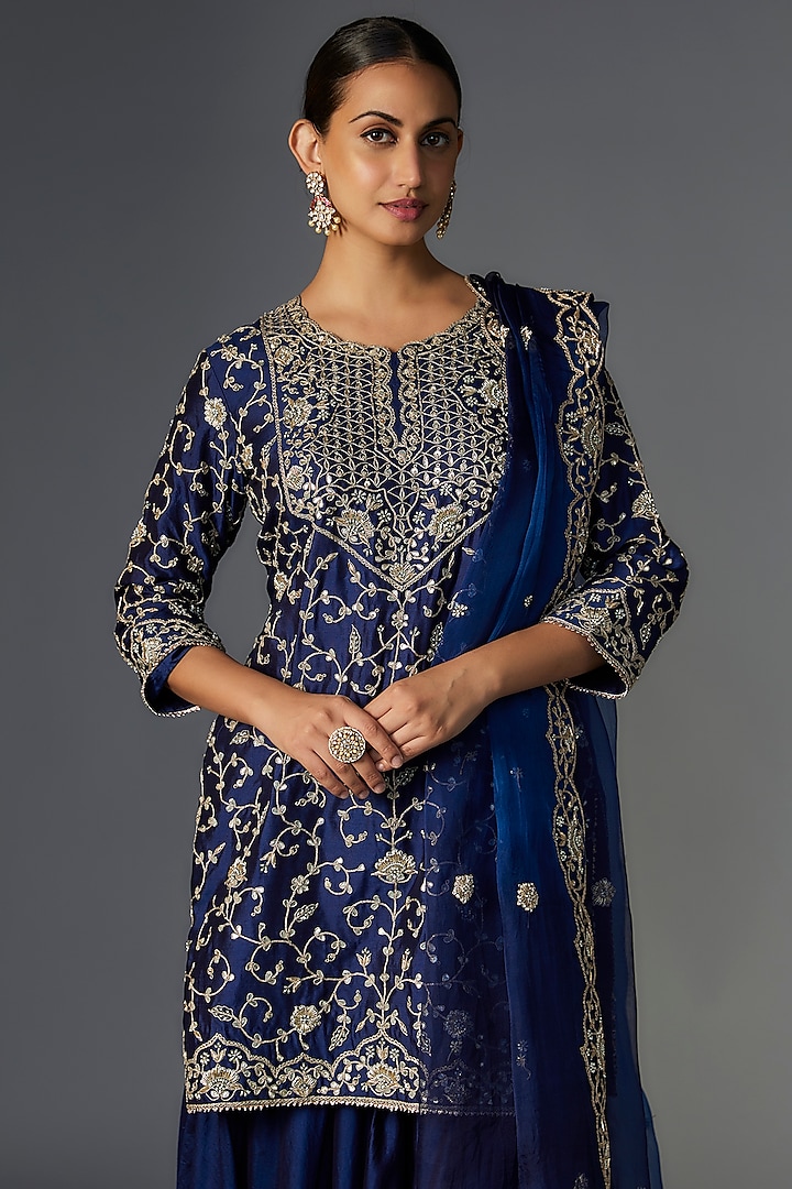 Navy Blue Pure Spun Silk Wedding Sharara Set by SURBHI SHAH at Pernia's Pop Up Shop