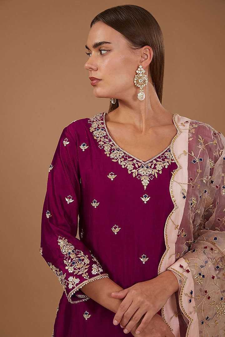 Magenta Pure Spun Silk Wedding Sharara Set by SURBHI SHAH at Pernia's Pop Up Shop