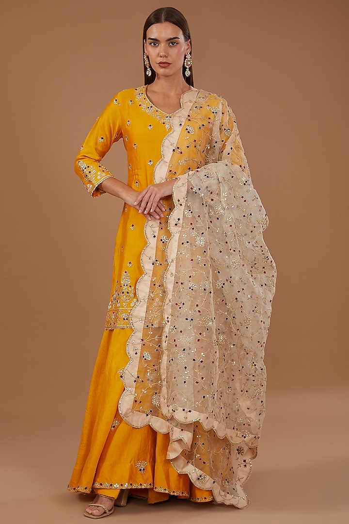 Mango Yellow Pure Spun Silk Wedding Sharara Set by SURBHI SHAH at Pernia's Pop Up Shop