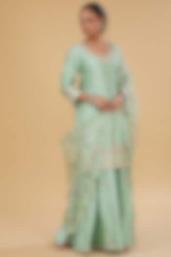 Mint Green Pure Spun Silk Marori Work Wedding Sharara Set by SURBHI SHAH at Pernia's Pop Up Shop