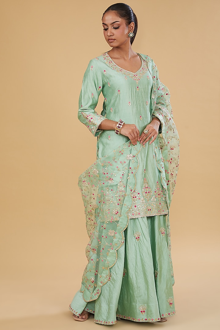Mint Green Pure Spun Silk Marori Work Wedding Sharara Set by SURBHI SHAH at Pernia's Pop Up Shop