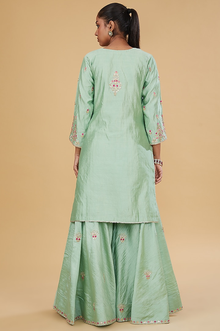 Mint Green Pure Spun Silk Marori Work Wedding Sharara Set by SURBHI SHAH at Pernia's Pop Up Shop