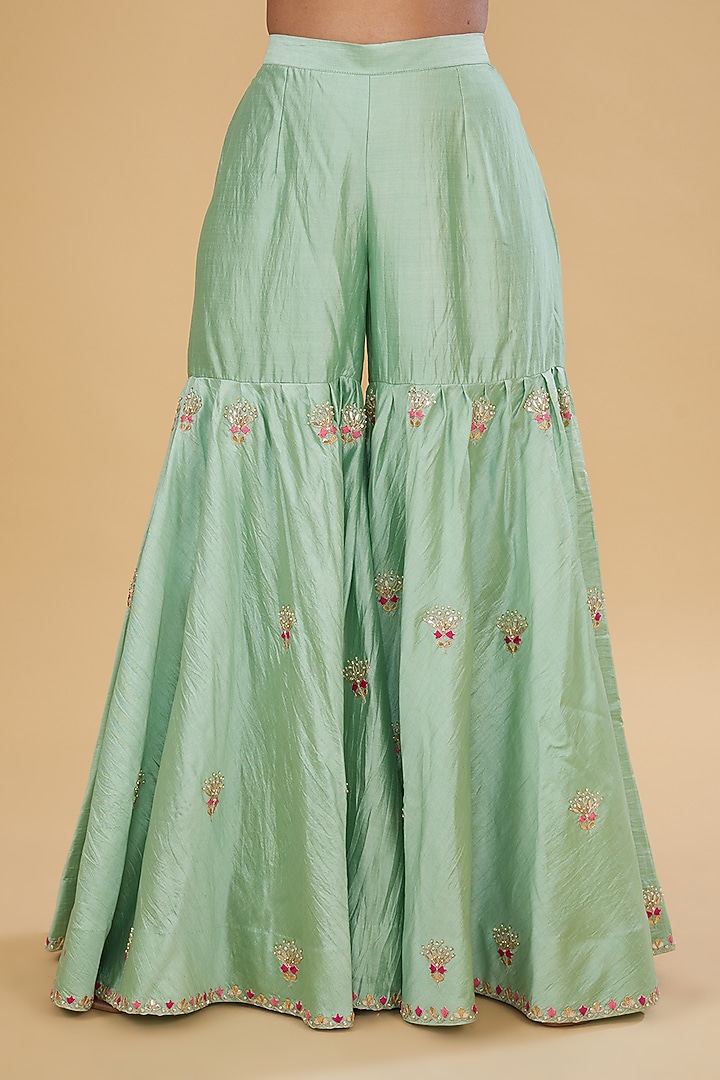 Mint Green Pure Spun Silk Marori Work Wedding Sharara Set by SURBHI SHAH at Pernia's Pop Up Shop
