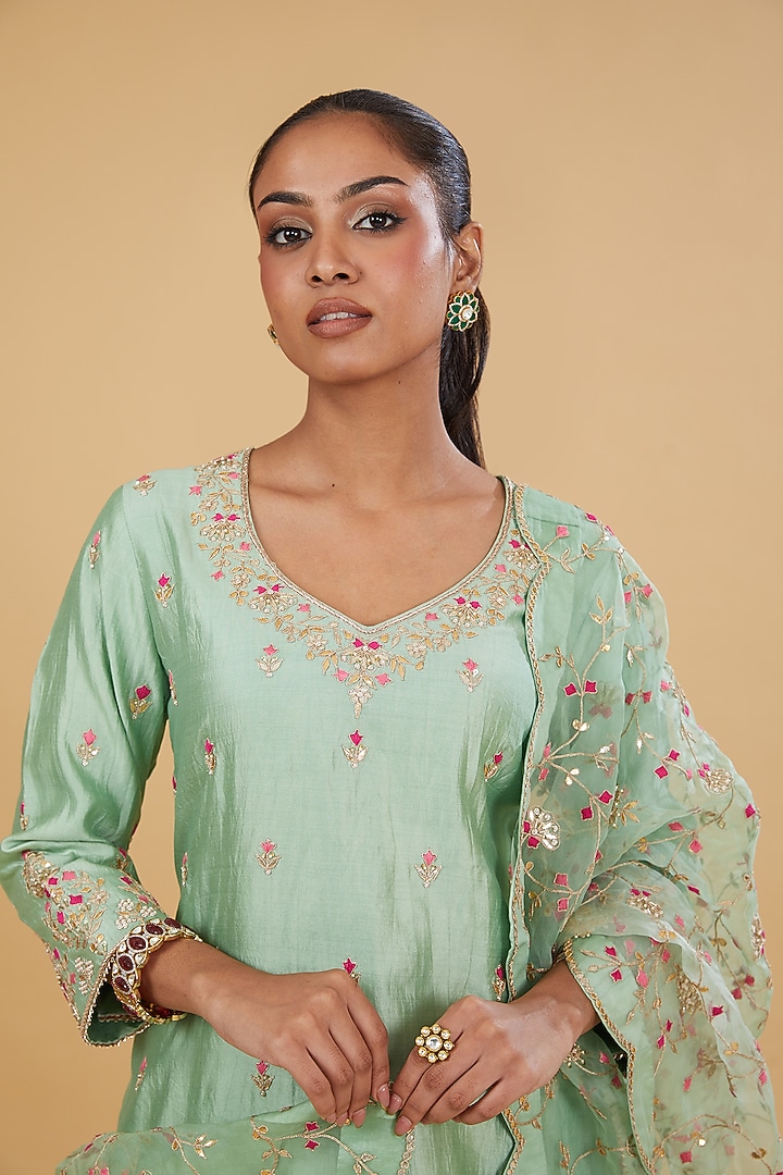 Mint Green Pure Spun Silk Marori Work Wedding Sharara Set by SURBHI SHAH at Pernia's Pop Up Shop