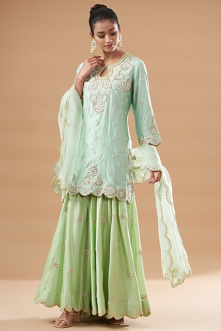 Powder Green Silk Wedding Sharara Set by SURBHI SHAH at Pernia's Pop Up Shop