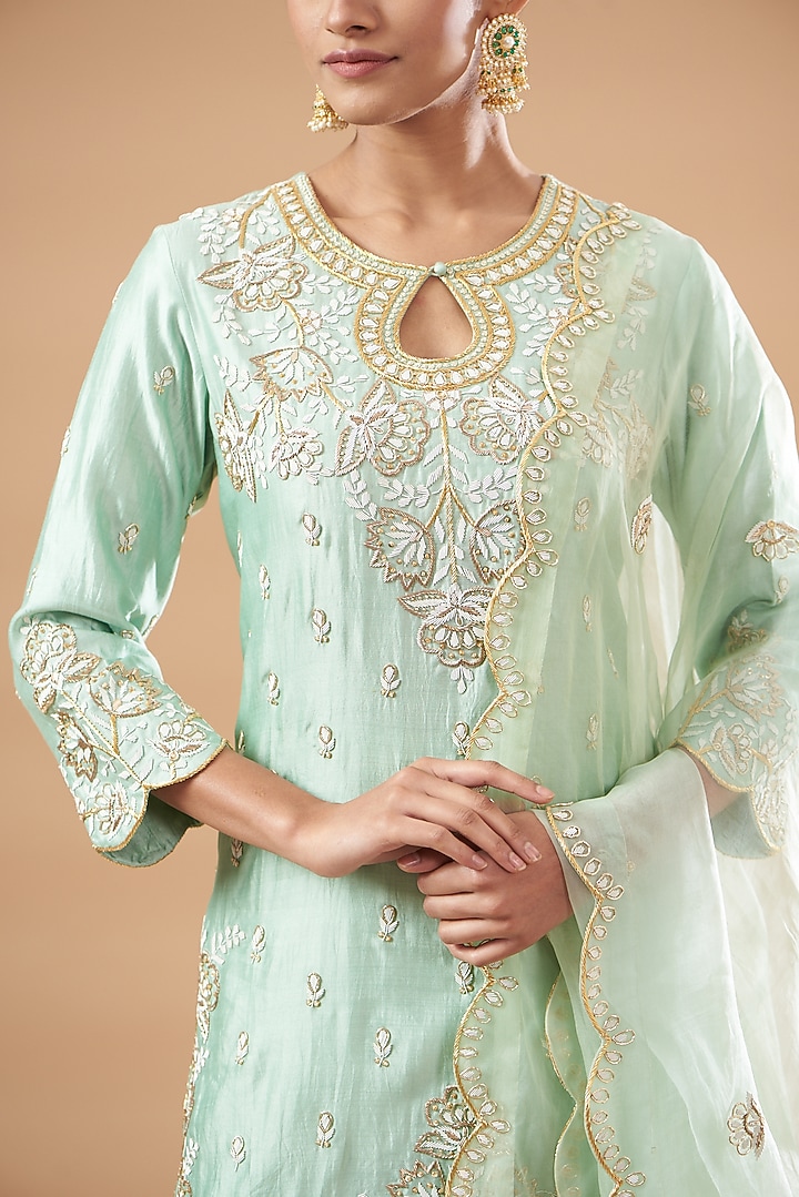 Powder Green Silk Wedding Sharara Set by SURBHI SHAH at Pernia's Pop Up Shop