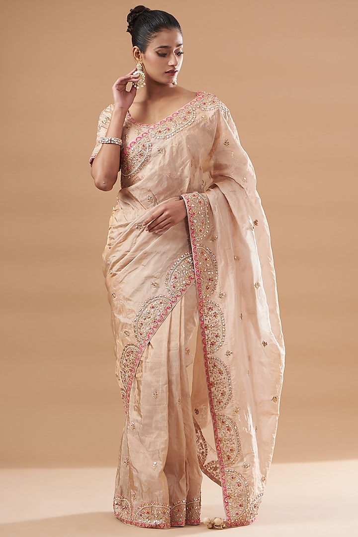 Peach Pure Tissue Embroidered Saree Set by SURBHI SHAH