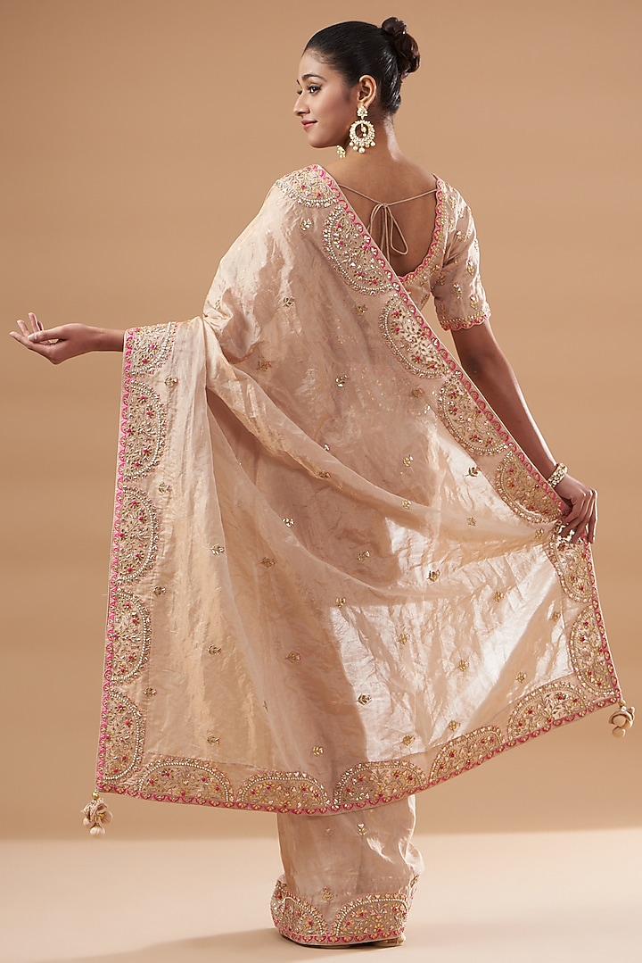 Peach Pure Tissue Embroidered Reception Saree Set by SURBHI SHAH at Pernia's Pop Up Shop