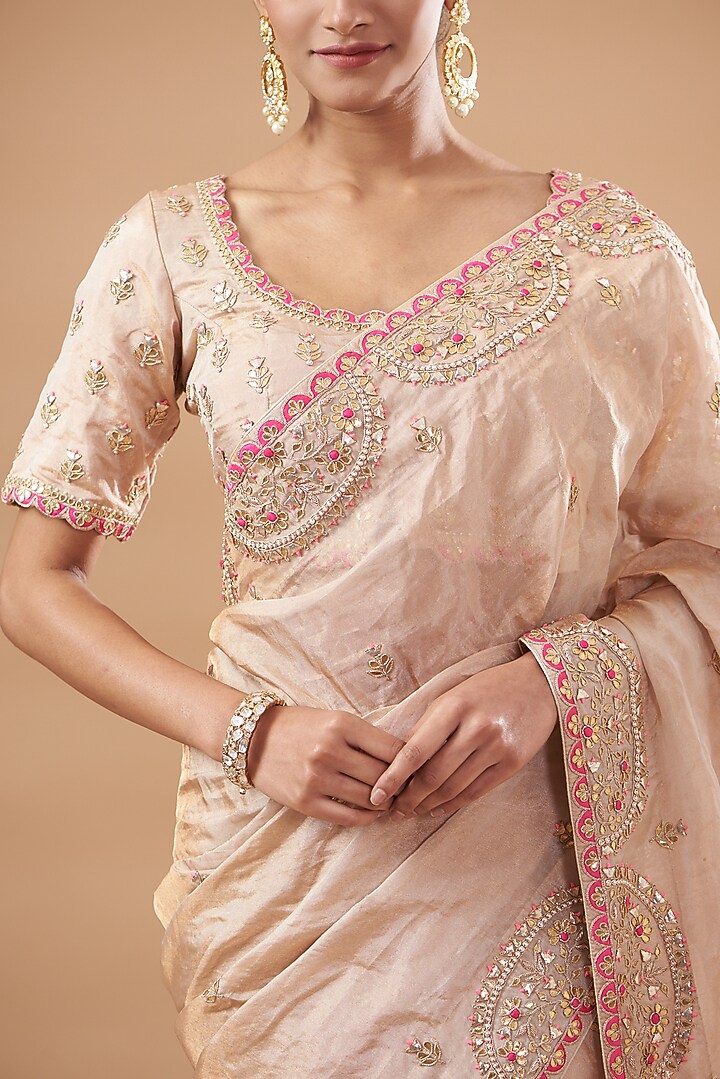Peach Pure Tissue Embroidered Reception Saree Set by SURBHI SHAH at Pernia's Pop Up Shop